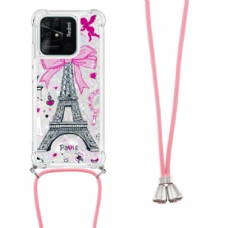 Coque Xiaomi Redmi 10C à Cordon Paillettes Tour Eiffel