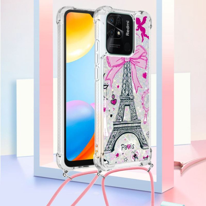 Coque Xiaomi Redmi 10C à Cordon Paillettes Tour Eiffel