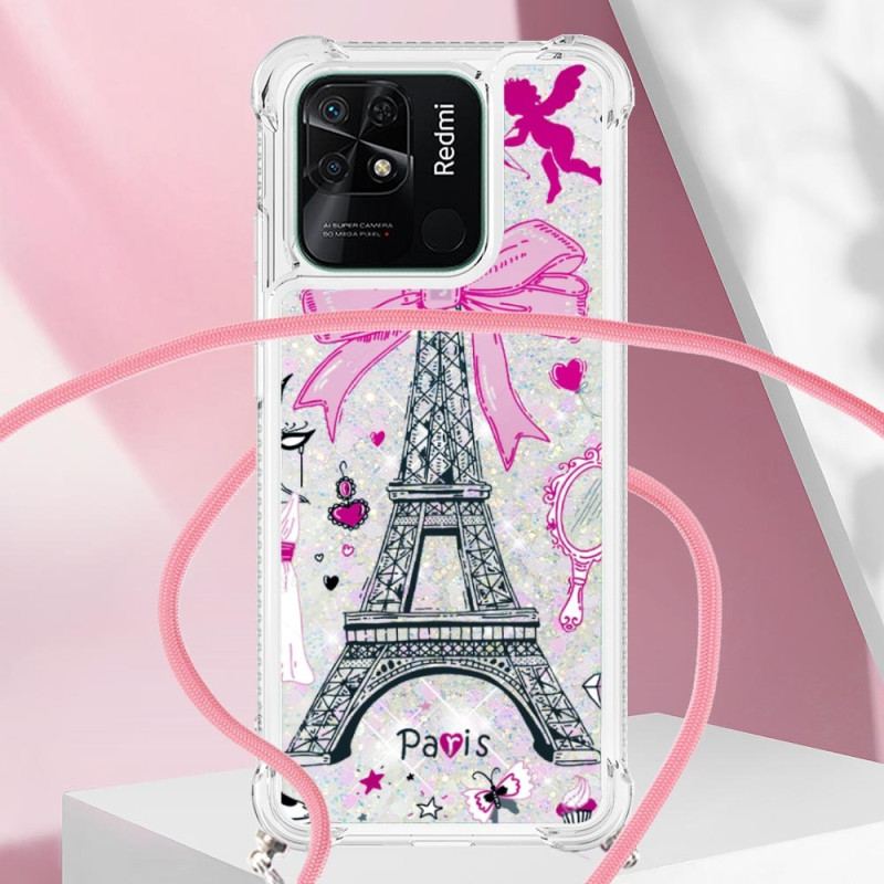 Coque Xiaomi Redmi 10C à Cordon Paillettes Tour Eiffel