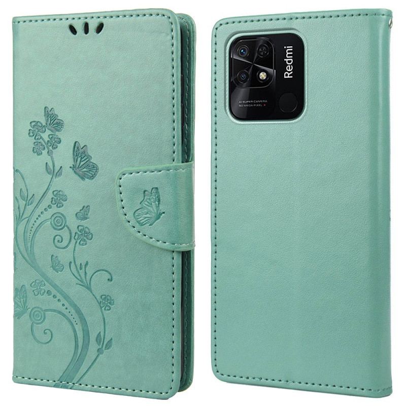 Housse Xiaomi Redmi 10C Papillons et Fleurs à Lanière