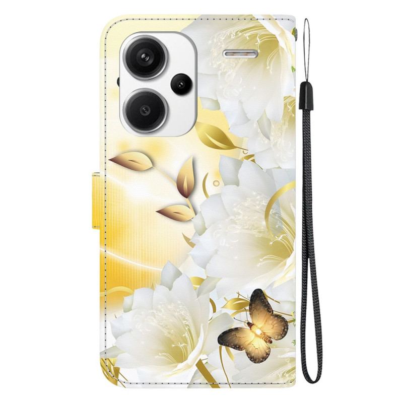 Housse Xiaomi Redmi Note 13 Pro Plus 5G Papillons Dorés et Fleurs Blanches à Lanière