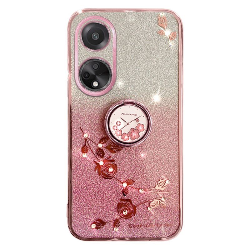 Coque Oppo A98 5G Anneau-Support Fleurs et Strass