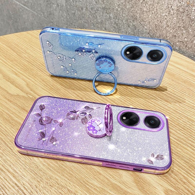 Coque Oppo A98 5G Anneau-Support Fleurs et Strass