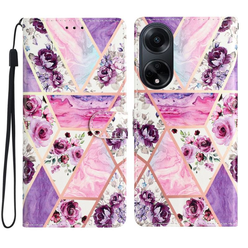 Housse Oppo A98 5G Fleurs Violettes à Lanière