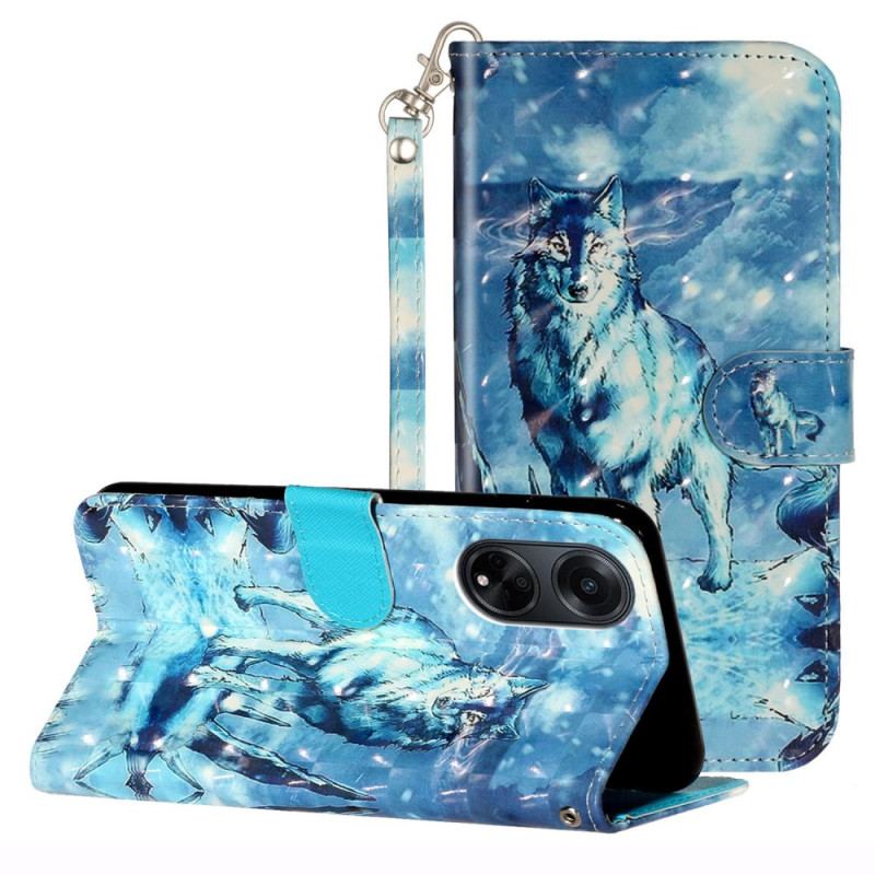 Housse Oppo A98 5G Loup des Neiges 3D à Lanière