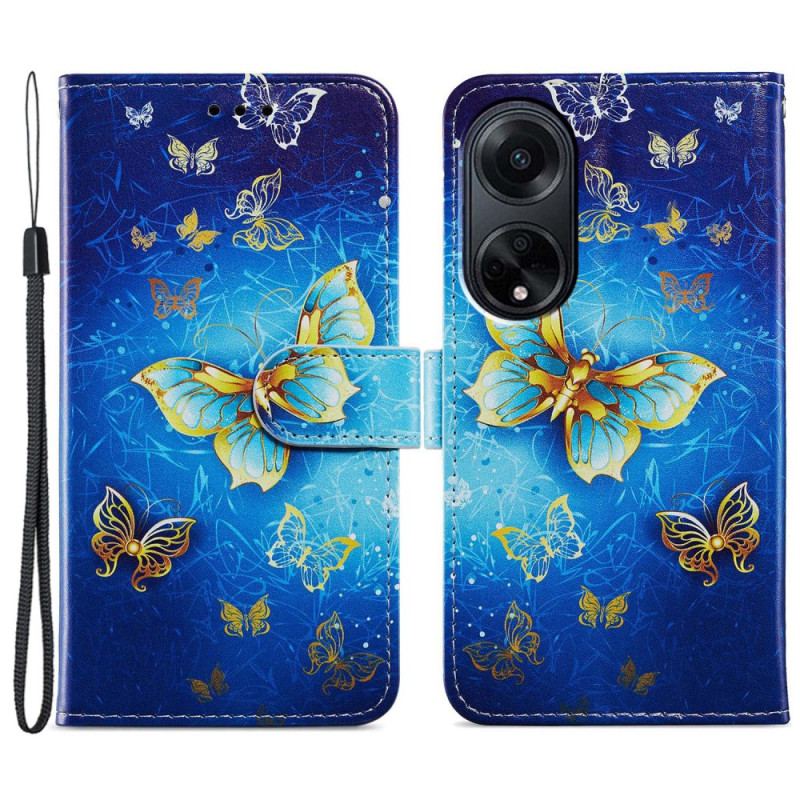 Housse Oppo A98 5G Papillons Dorés à Lanière