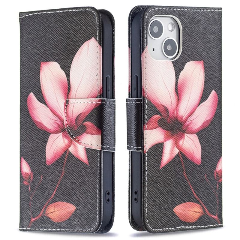 Housse iPhone 15 Fleur Rose sur Fond Noir