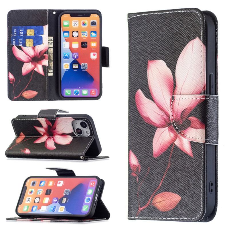 Housse iPhone 15 Fleur Rose sur Fond Noir