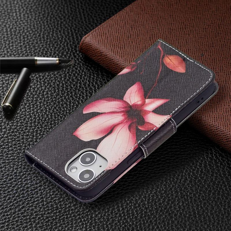 Housse iPhone 15 Fleur Rose sur Fond Noir