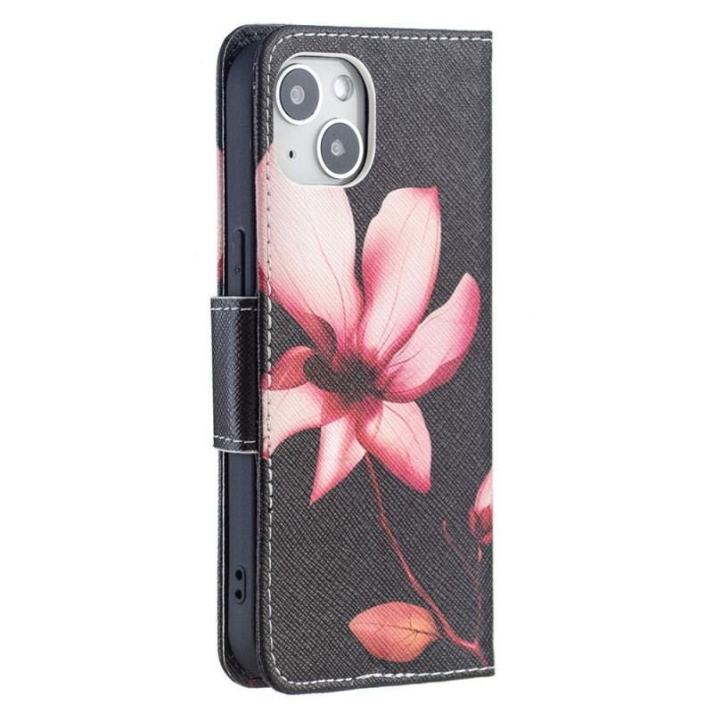 Housse iPhone 15 Fleur Rose sur Fond Noir