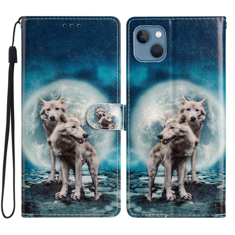 Housse iPhone 15 Loups sous la Lune à Lanière