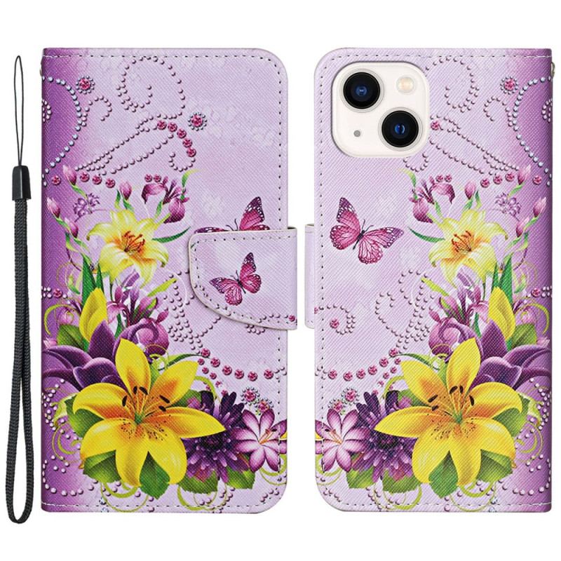 Housse iPhone 15 Papillons et Fleurs à Lanière