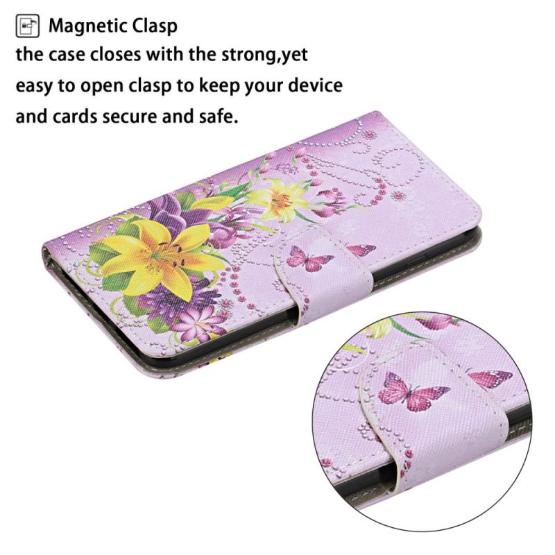 Housse iPhone 15 Papillons et Fleurs à Lanière