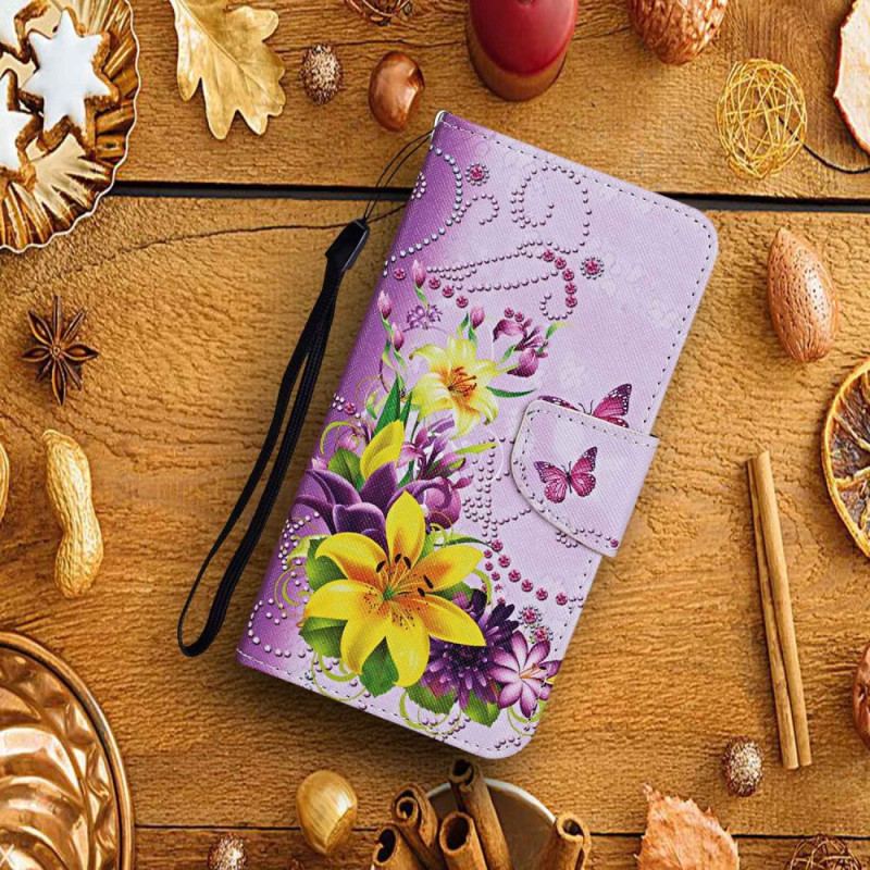 Housse iPhone 15 Papillons et Fleurs à Lanière