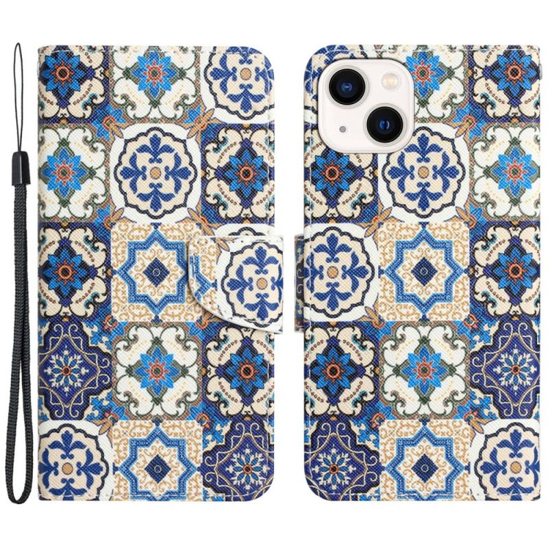 Housse iPhone 15 Patchwork Bleu à Lanière