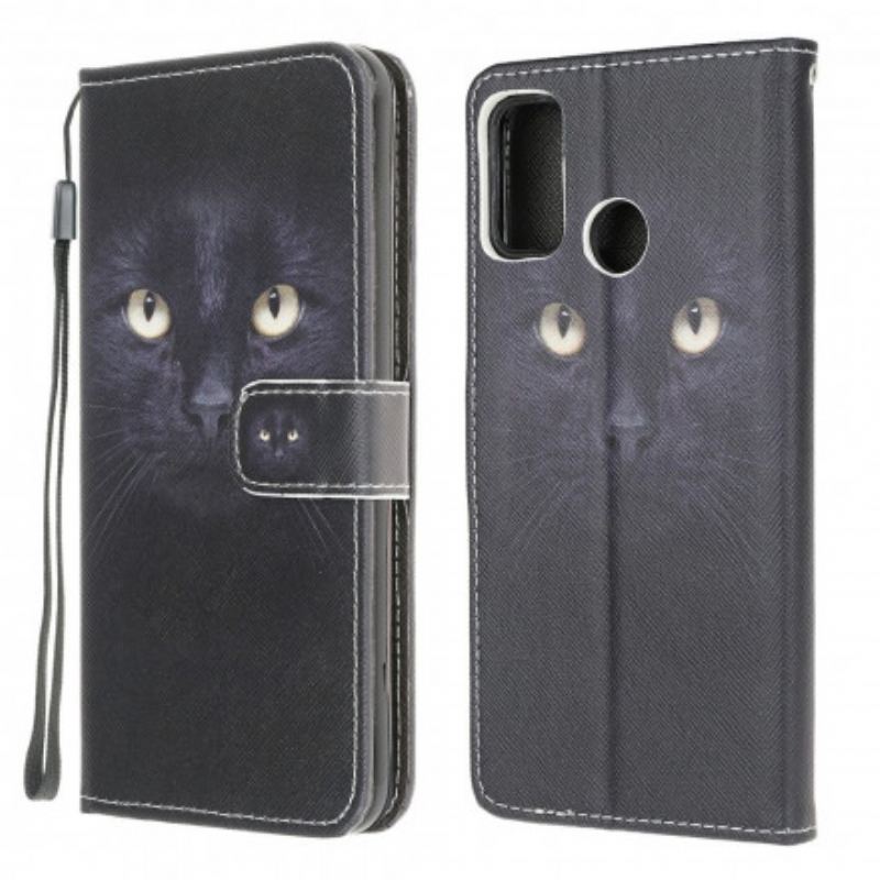 Housse Moto G30 / Moto G10 Yeux de Chat Noir à Lanière