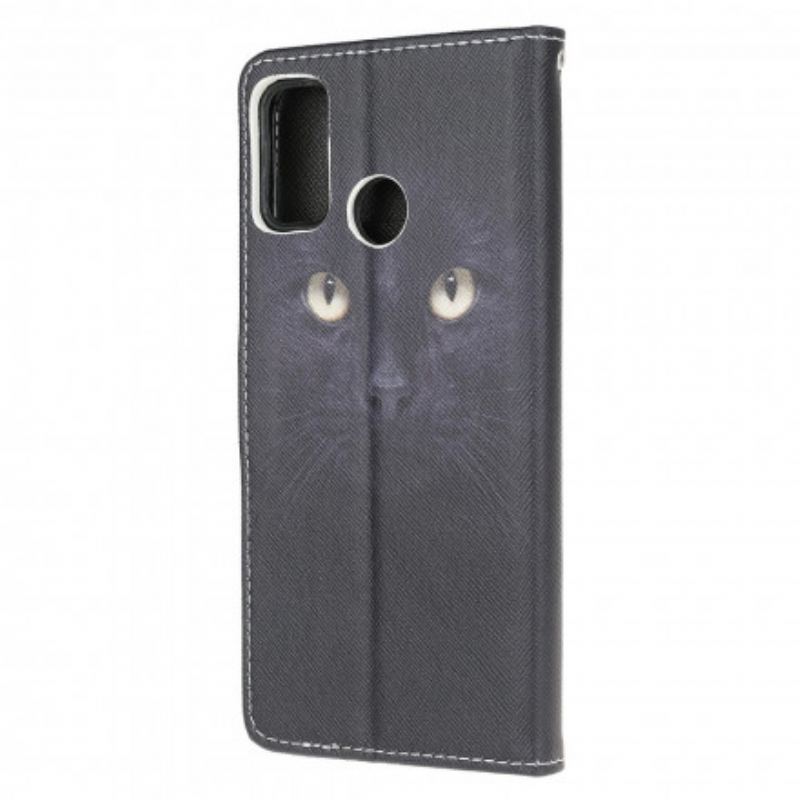 Housse Moto G30 / Moto G10 Yeux de Chat Noir à Lanière