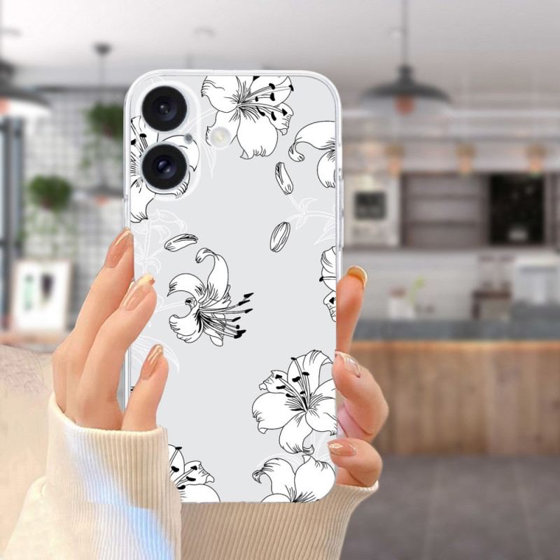 Coque iPhone 16 Bord Transparent Fleurs Blanches