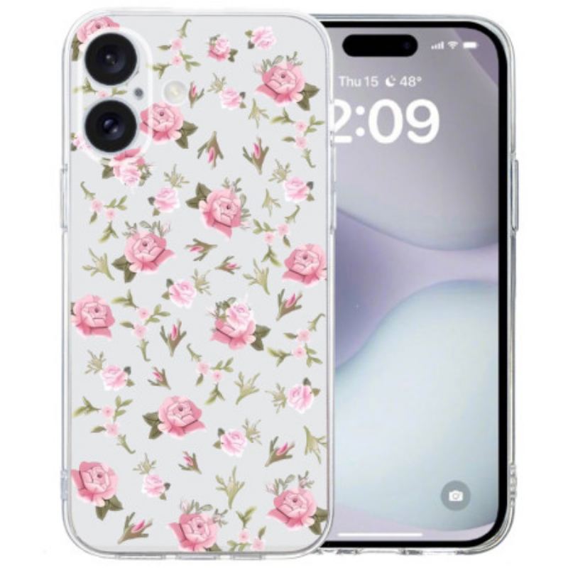 Coque iPhone 16 Bord Transparent Fleurs Roses