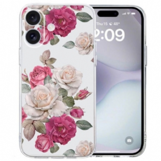 Coque iPhone 16 Bord Transparent Pivoines