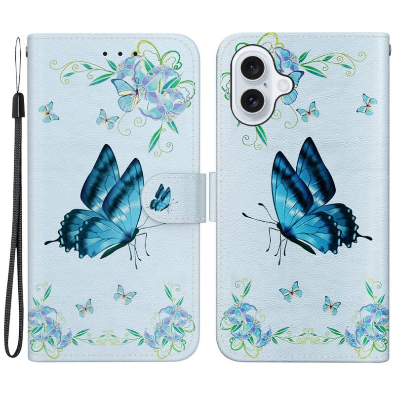 Housse iPhone 16 Papillon Bleu et Fleurs à Lanière