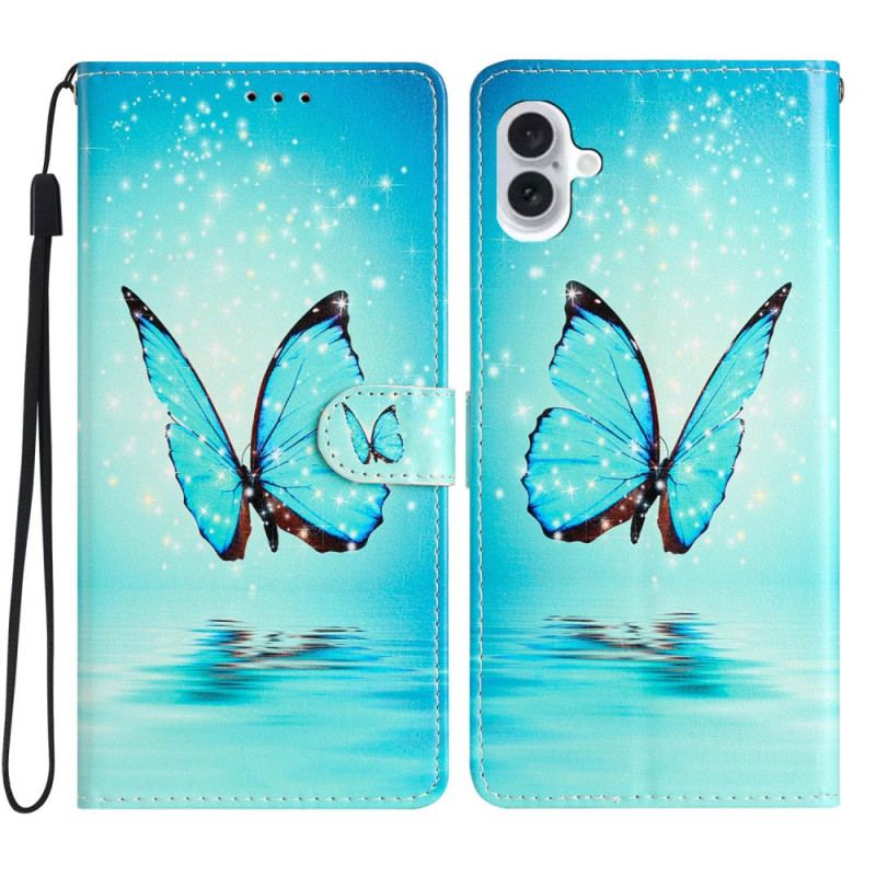 Housse iPhone 16 Papillon Bleu à Lanière