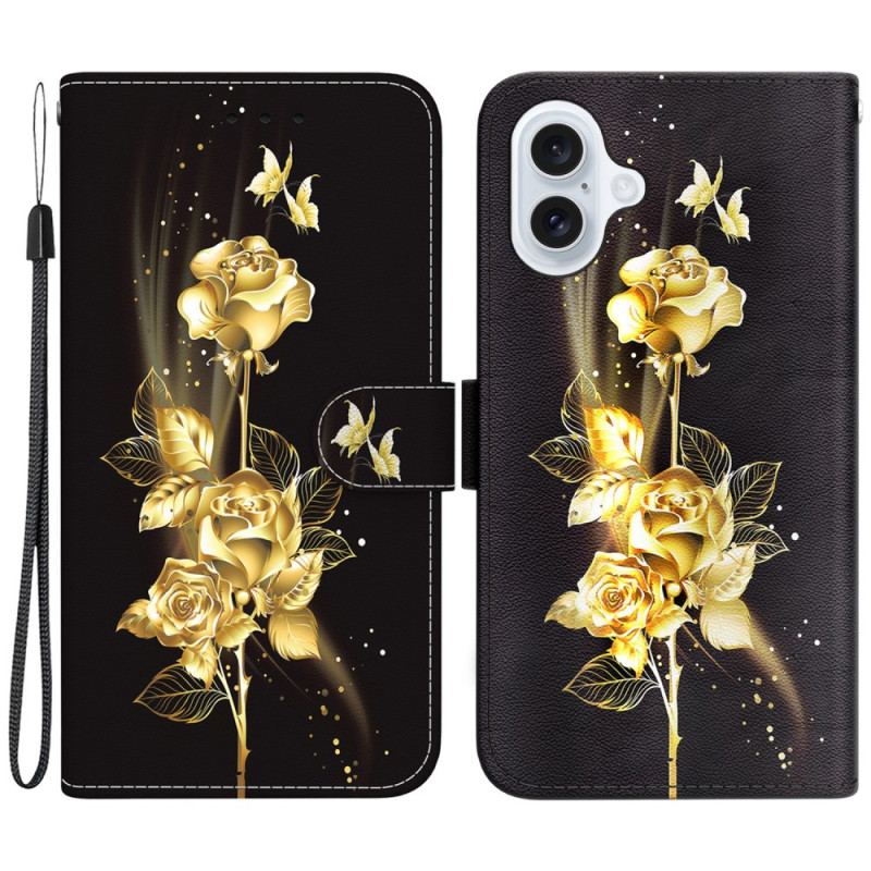 Housse iPhone 16 Papillon Doré et Roses à Lanière