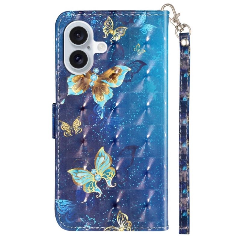 Housse iPhone 16 Papillons Bleus et Dorés à Lanière