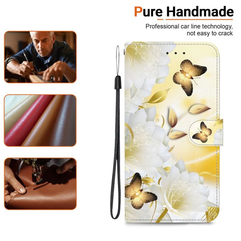 Housse iPhone 16 Papillons Dorés et Fleurs Blanches à Lanière