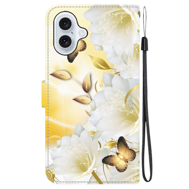 Housse iPhone 16 Papillons Dorés et Fleurs Blanches à Lanière