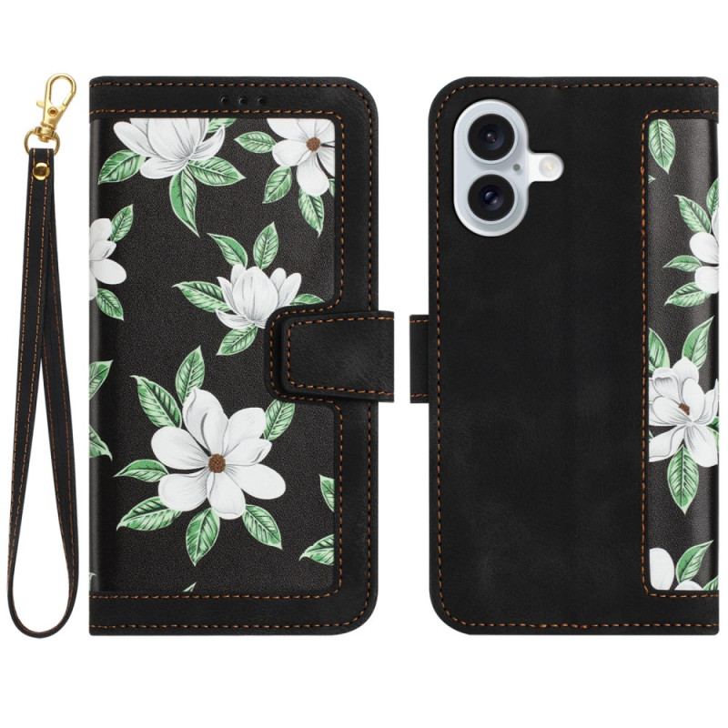 Housse iPhone 16 Portefeuille Motif Floral à Lanière