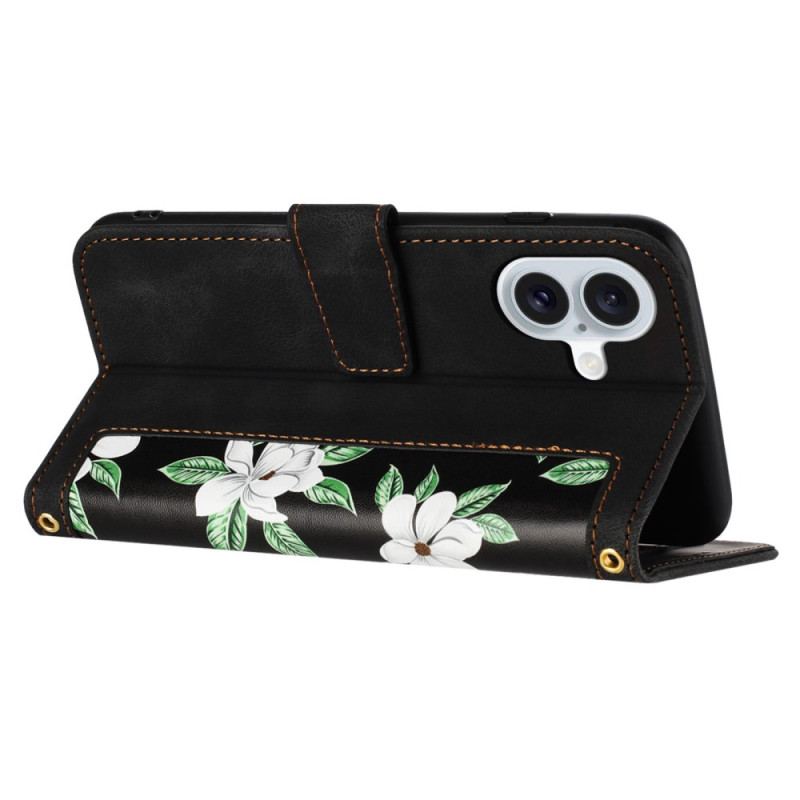 Housse iPhone 16 Portefeuille Motif Floral à Lanière