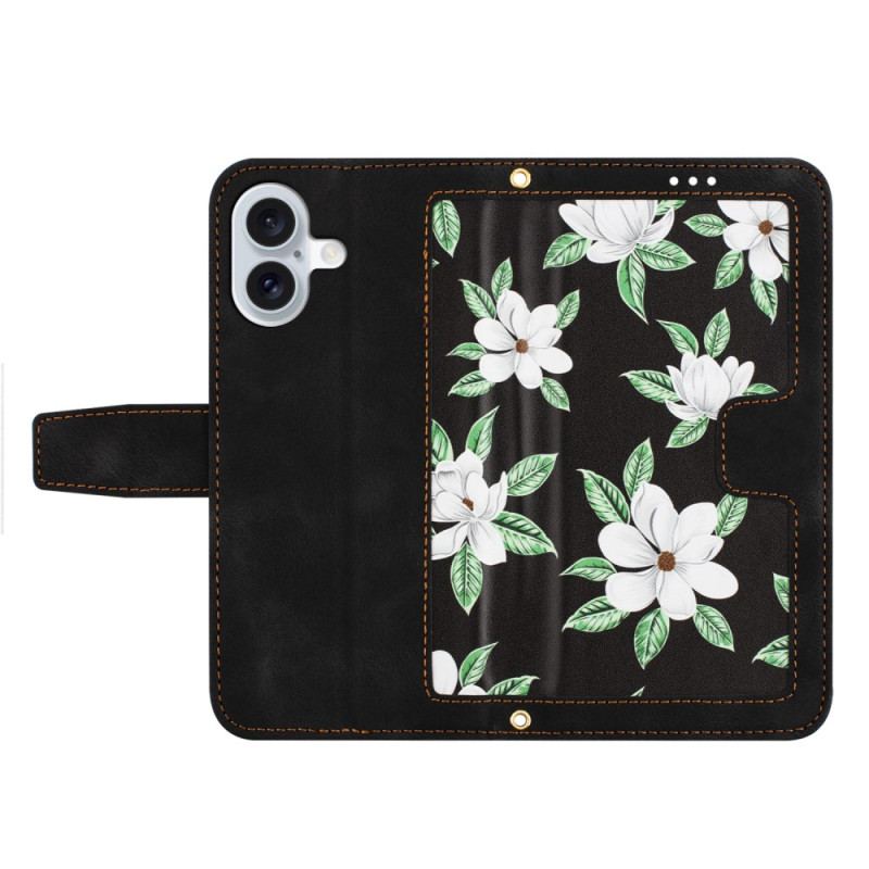 Housse iPhone 16 Portefeuille Motif Floral à Lanière