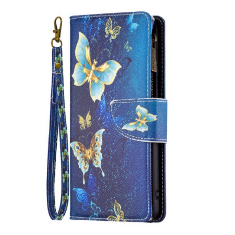 Housse iPhone 16 Portefeuille Papillons Dorés