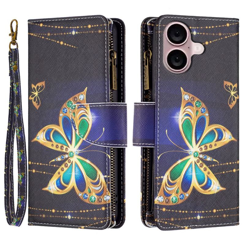 Housse iPhone 16 Portefeuille Papillons Précieux