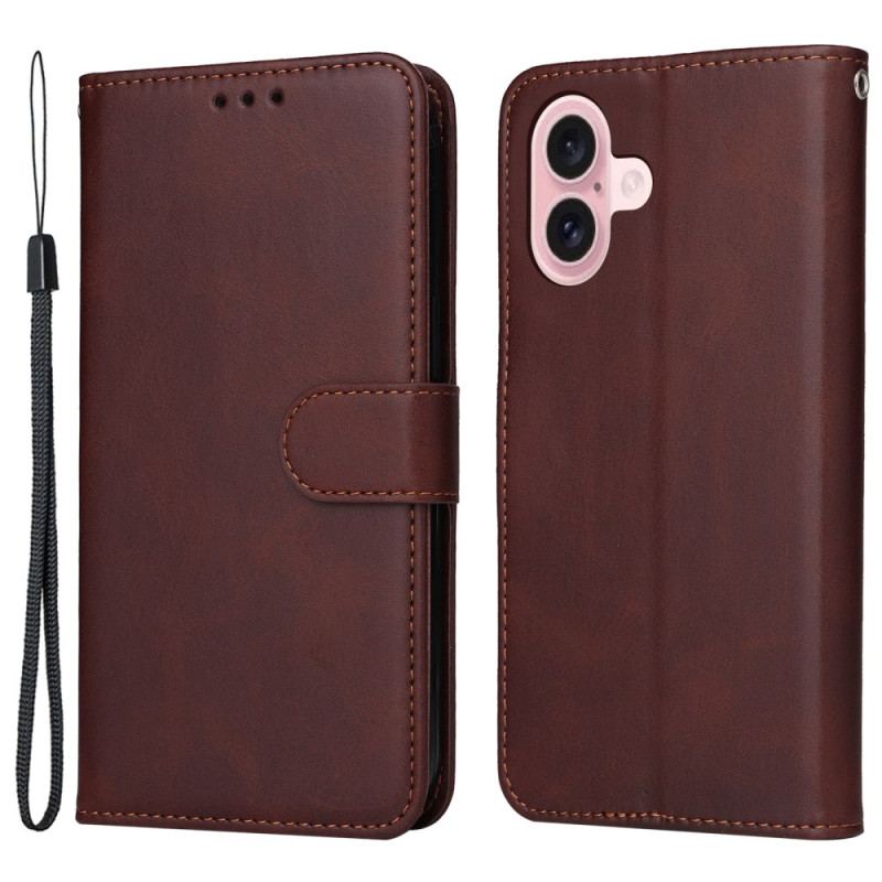 Housse iPhone 16 Style Cuir Uni à Lanière