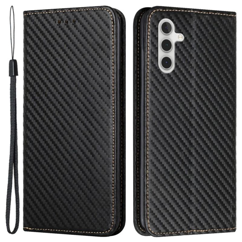 Flip Cover Samsung Galaxy A55 5G Fibre Carbone à Lanière