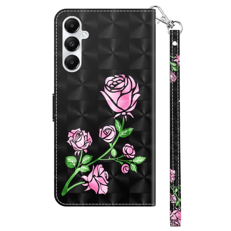 Housse Samsung Galaxy A55 5G Fleurs Roses sur Fond Noir à Lanière