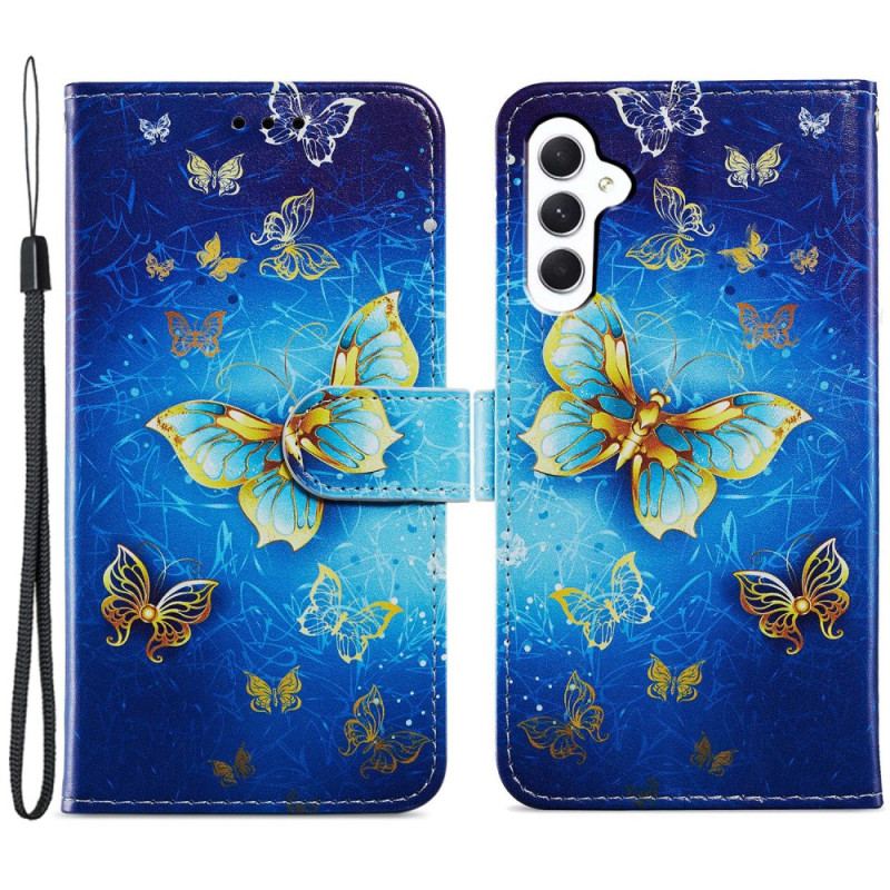 Housse Samsung Galaxy A55 5G Papillon Dorés sur Fond Bleu à Lanière