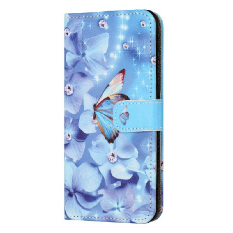 Housse Xiaomi Redmi Note 13 5G Fleurs et Papillon Bleus à Lanière