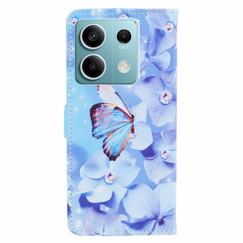 Housse Xiaomi Redmi Note 13 5G Fleurs et Papillon Bleus à Lanière