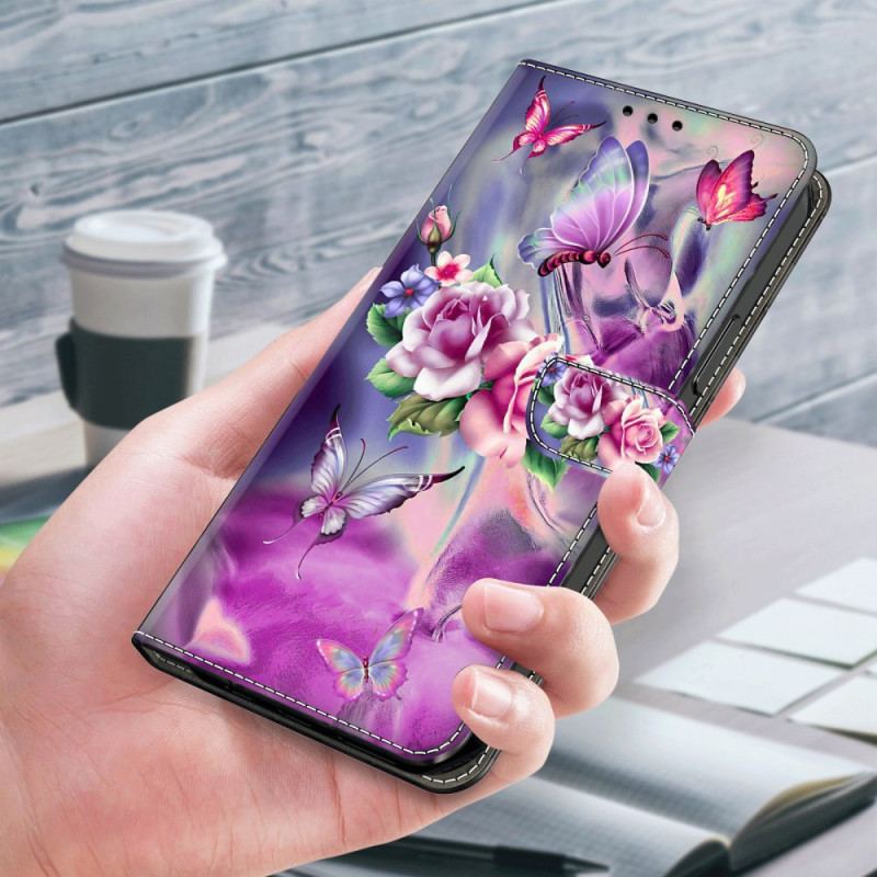 Housse Xiaomi Redmi Note 13 5G Papillons et Fleurs Violets