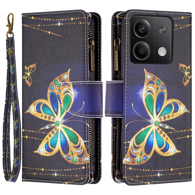 Housse Xiaomi Redmi Note 13 5G Portefeuille Papillon Strass à Lanière