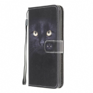 Housse Samsung Galaxy A42 5G Yeux de Chat Noir à Lanière