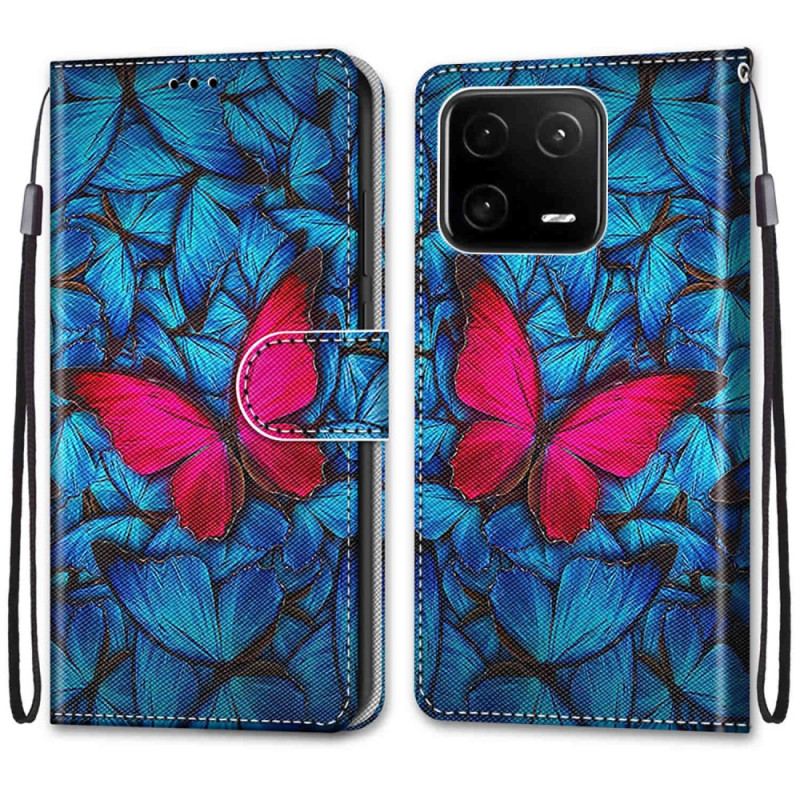 Housse Xiaomi 13 Papillon Rouge Sur Fond Bleu