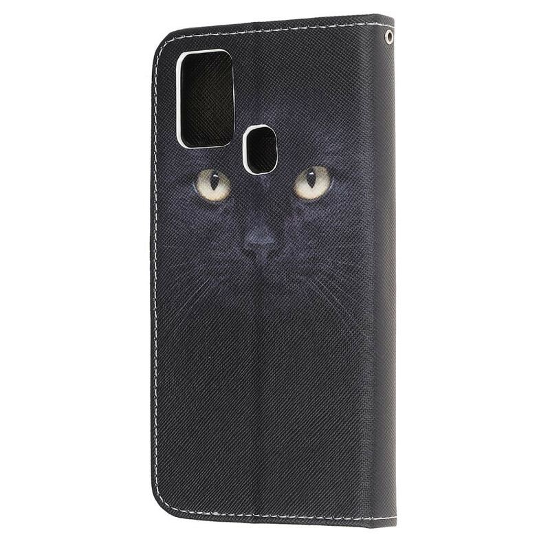 Housse Samsung Galaxy A21s Yeux de Chat Noir à Lanière