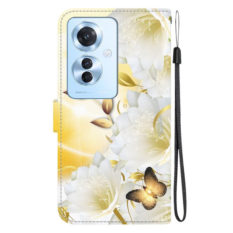 Housse Oppo Reno 11F 5G Papillons Dorés et Fleurs Blanches