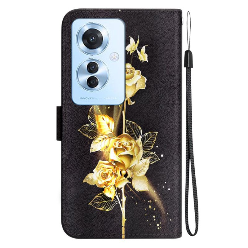 Housse Oppo Reno 11F 5G Papillons et Roses Dorés à Lanière