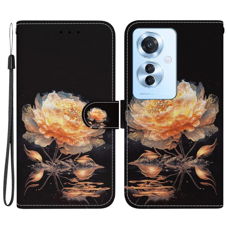 Housse Oppo Reno 11F 5G Pivoine Dorée à Lanière