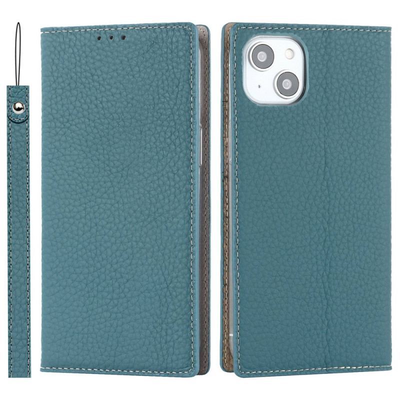 Flip Cover iPhone 14 Plus Cuir Litchi Véritable à Lanière